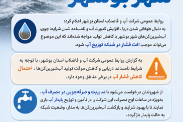 اطلاعیه شرکت آب و فاضلاب استان بوشهر درباره  افت فشار شبکه آب شهر بوشهر