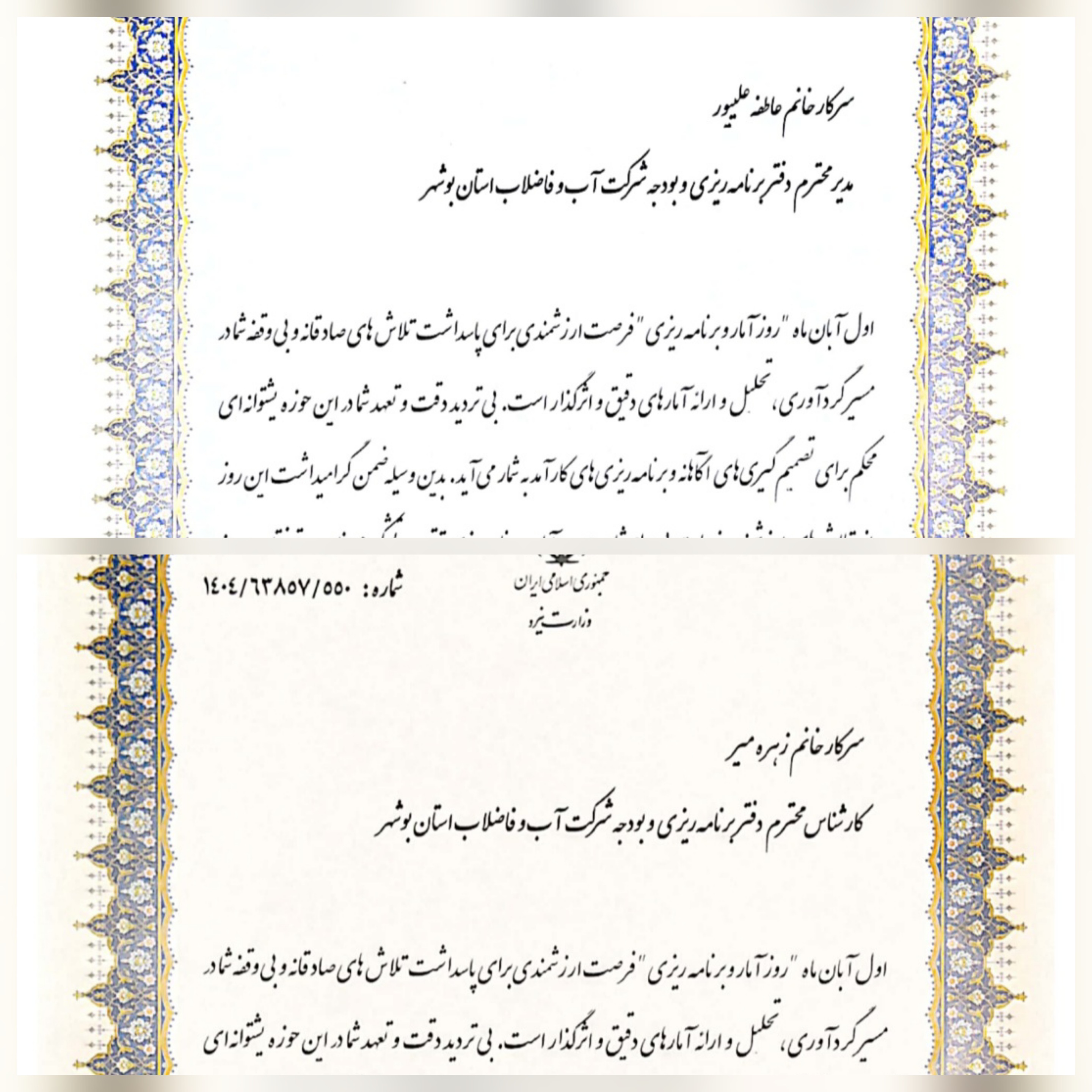 تقدیر وزارت نیرو از مدیر و کارشناس دفتر برنامه‌ریزی و بودجه آبفای بوشهر